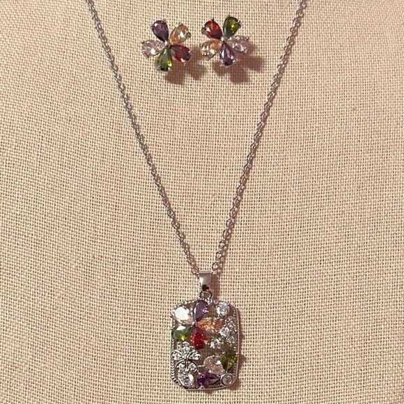 Gorgeous Colorful Gemstone Earrings And Necklace Set - Picture 1 of 3